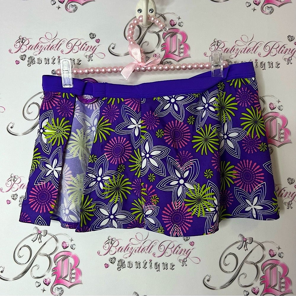 Mini Skirt Coverup Beach Bathing Suit Material Floral Purple Mini Skirt O Ring